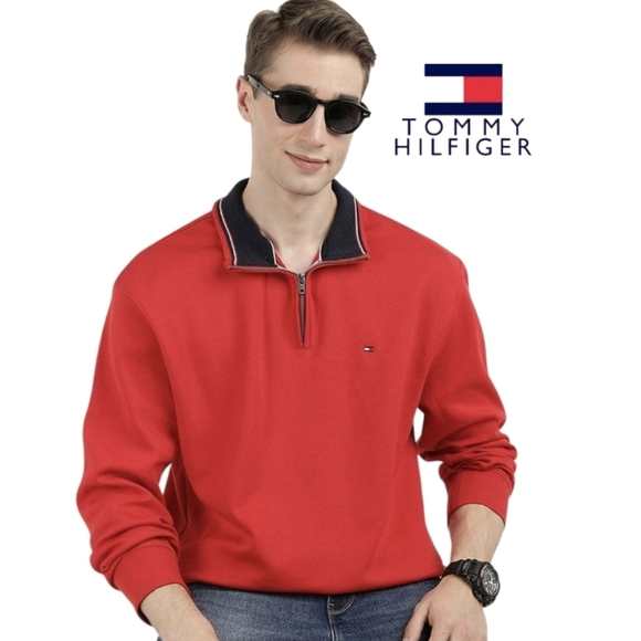 Tommy Hilfiger Sweater XXL Mens Classic Red 1/4 Zip Pullover 100% Cotton - Picture 1 of 9